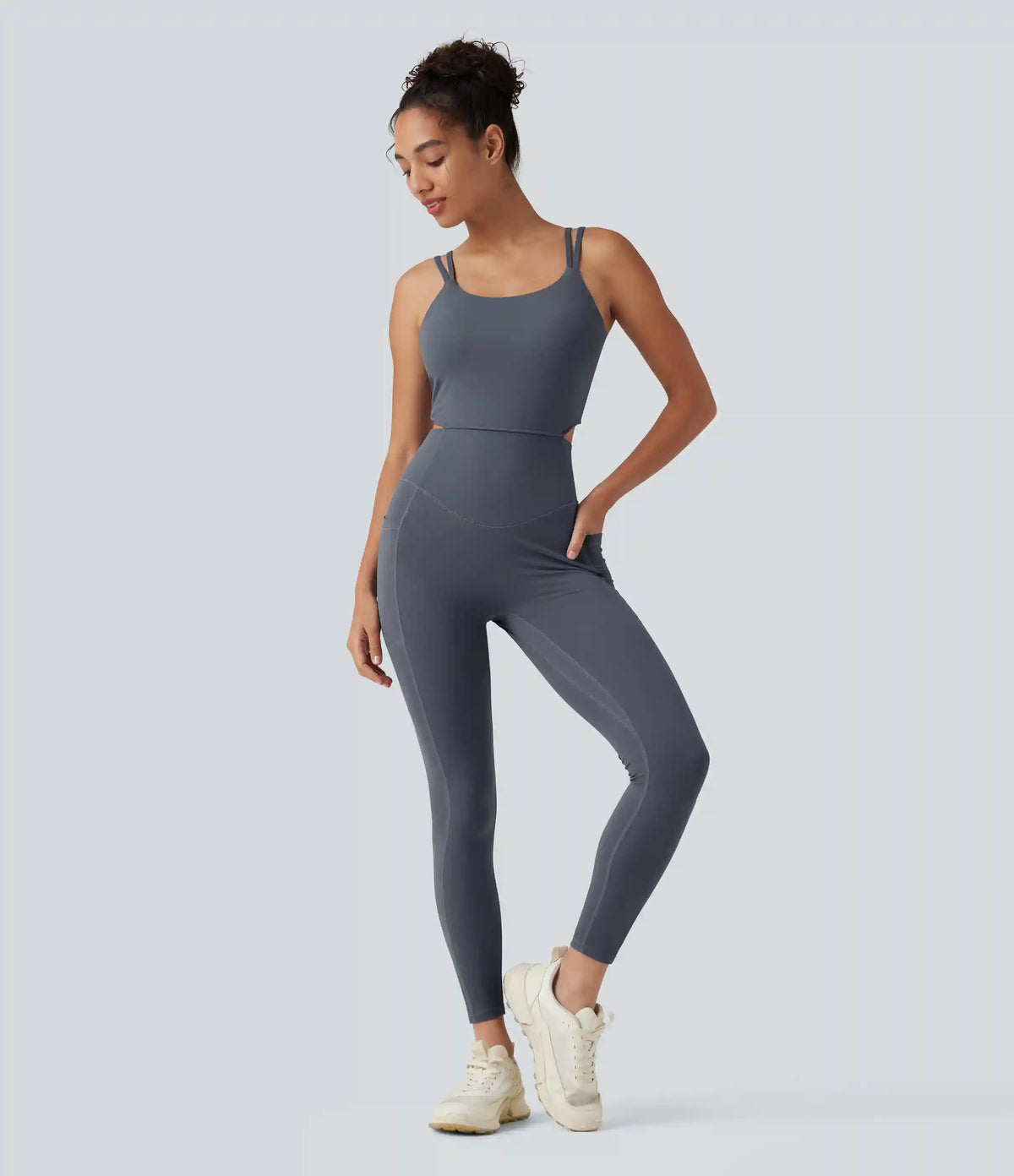 Halara UltraSculpt™ Non-Removable Pad Tummy Control Butt Lifting Ruched Yoga Jumpsuit with Pockets-Easy Peezy Edition