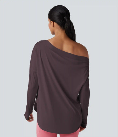 One Shoulder Long Sleeve Thumb Hole Curved Hem High Low Quick Dry Yoga Sports Top-Built-in Bra