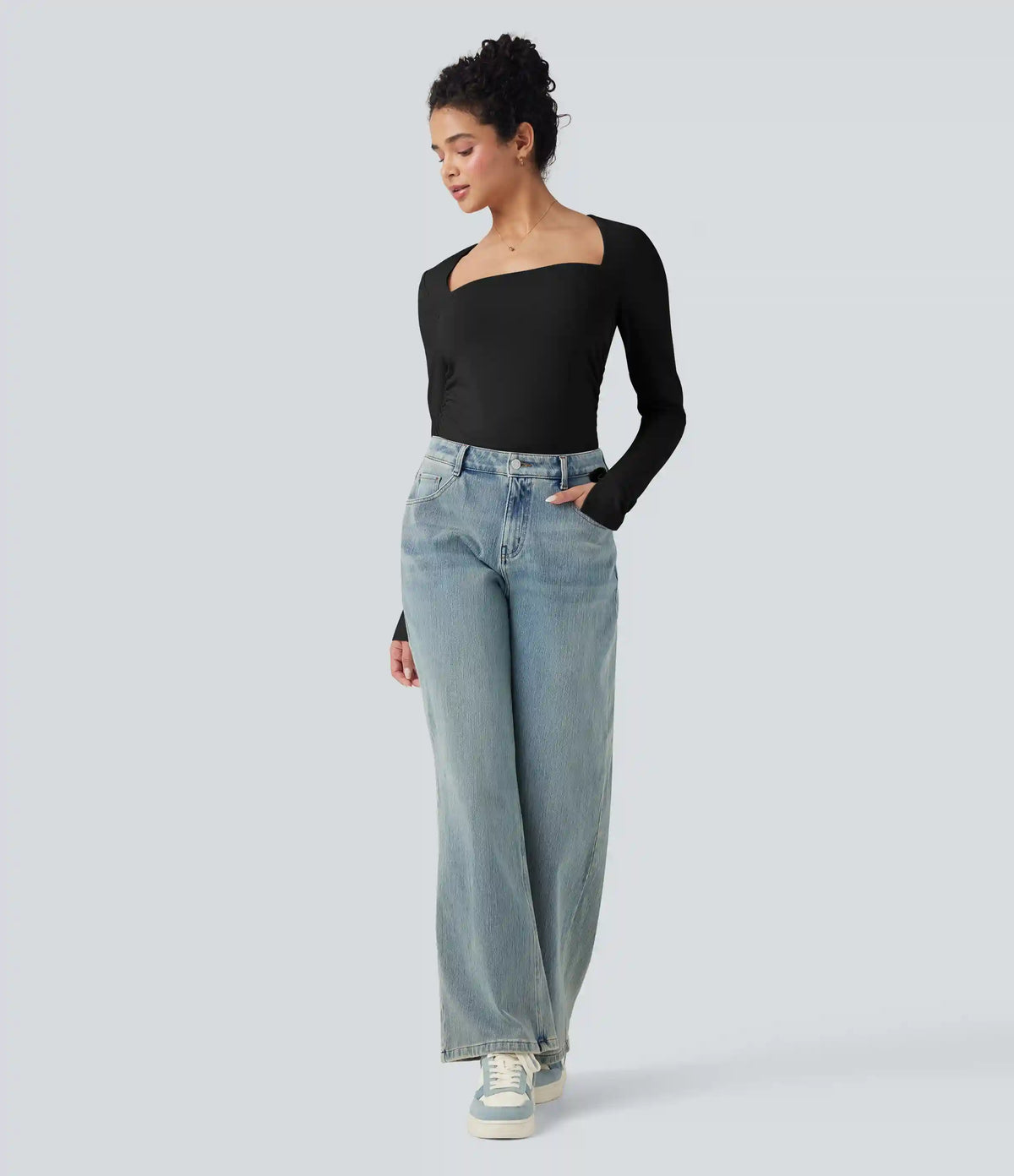 Square Neck Split Long Sleeve Ruched Slim Casual Top