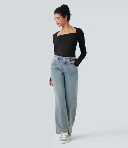 Square Neck Split Long Sleeve Ruched Slim Casual Top