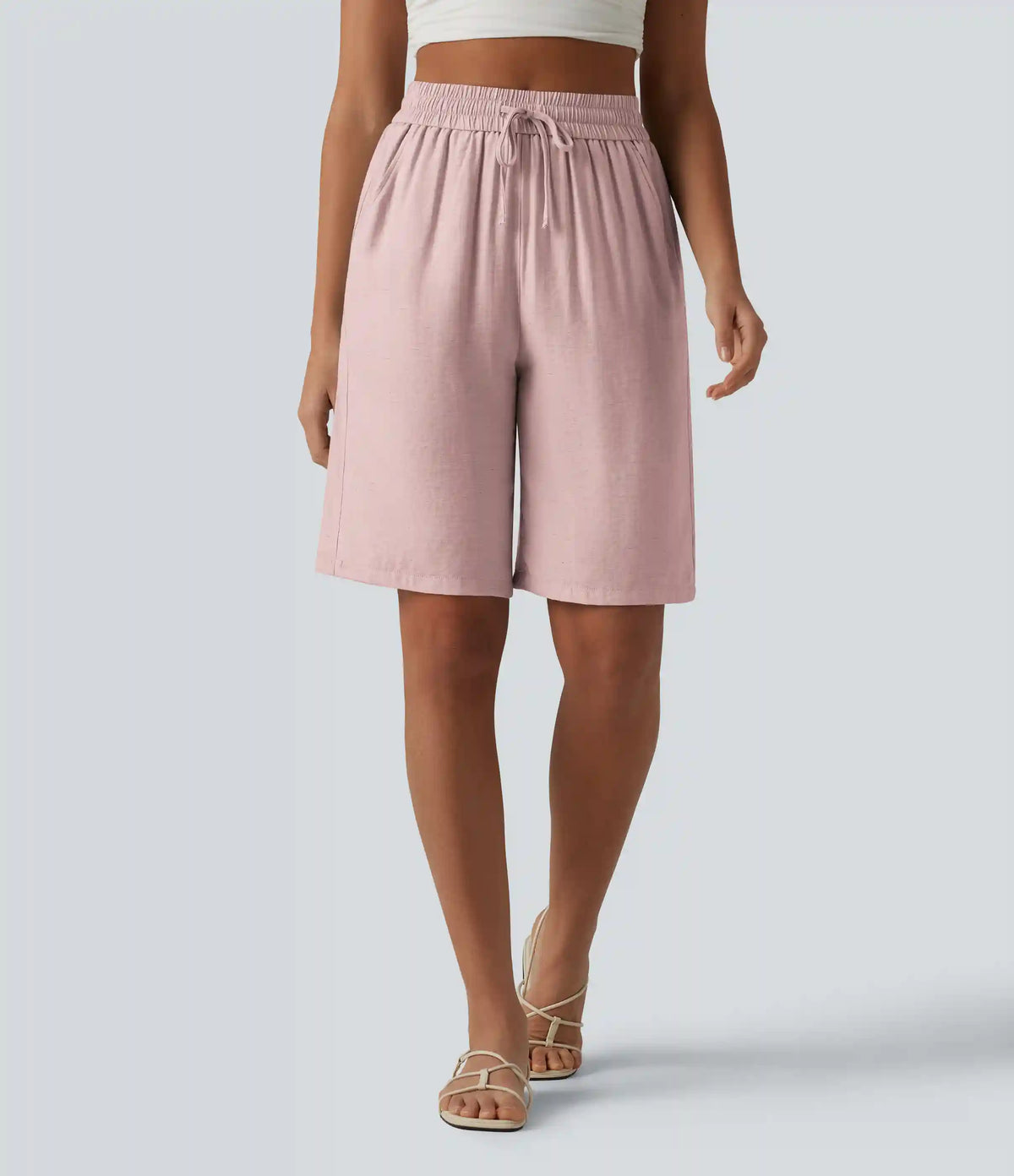 High Waisted Drawstring Casual Linen-Blend Bermuda Shorts 10'' with Pockets