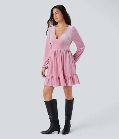 Everyday Deep V Neck Long Sleeve Ruffled Hem Velvet Mini Chill Dress