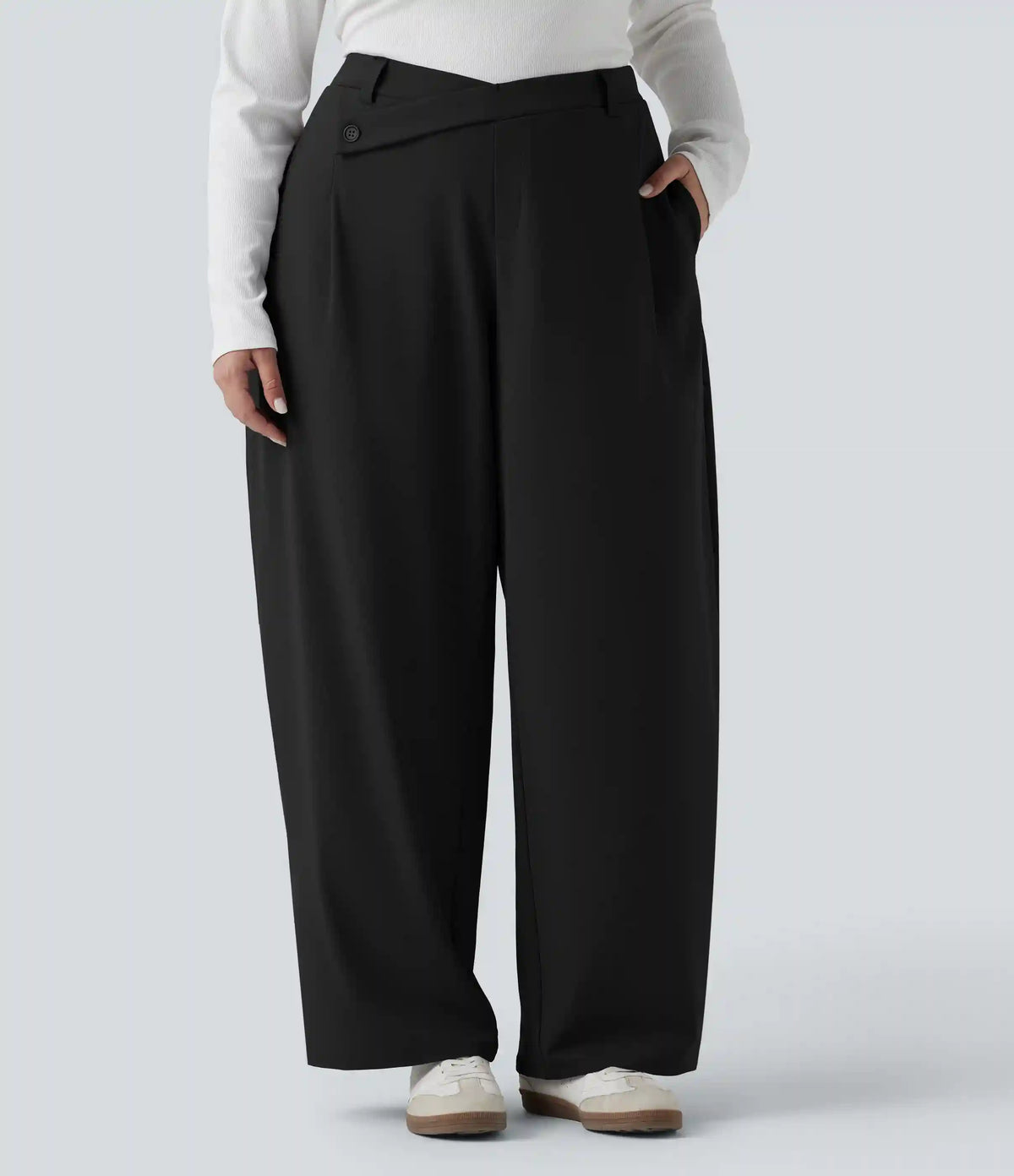 Plus Size Halara Flex™ DayStretch Asymmetric High Waisted Barrel Leg Work Pants with Pockets