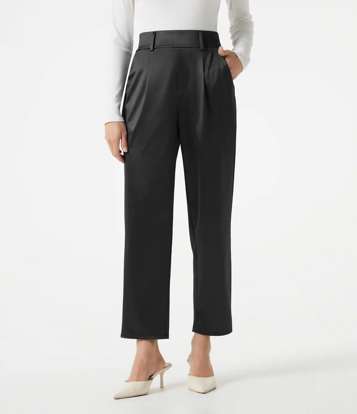 High Waisted Tapered Satin Work Pants with Pockets