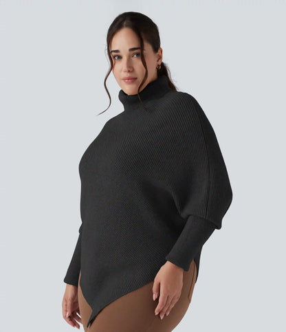 High Neck Long Sleeve Asymmetric Hem Work Plus Size Sweater
