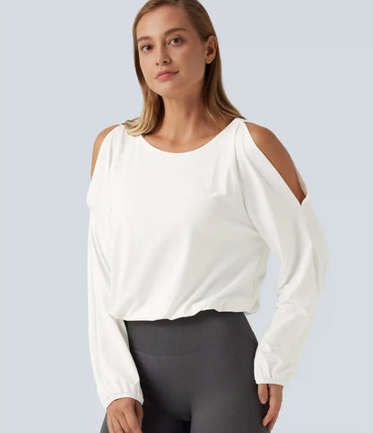 Quick Dry Boat Neck Cold Shoulder Long Sleeve Yoga Sports Top