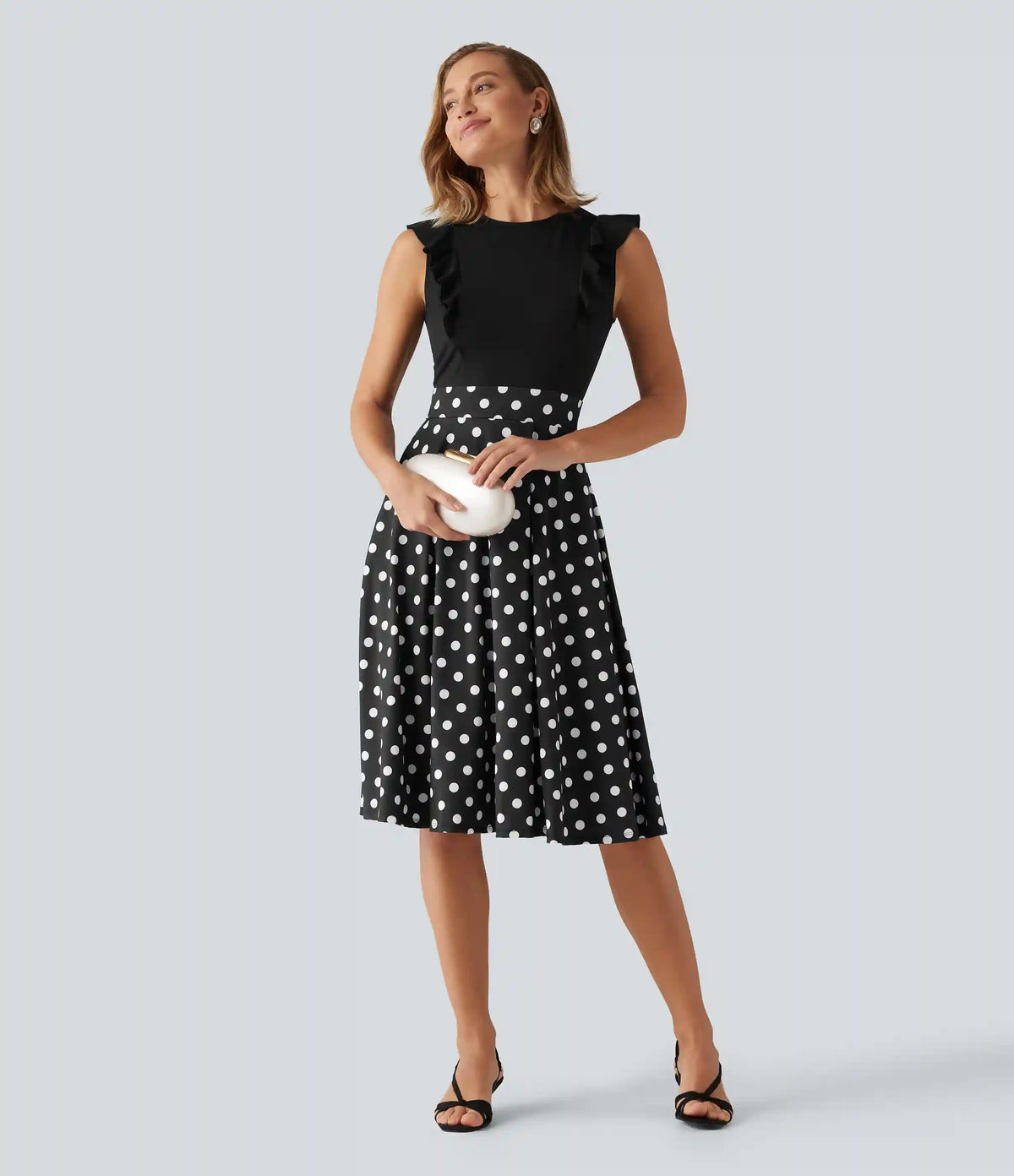 Round Neck Ruffle Sleeveless A-Line Color Block Midi Party Dress with Pockets