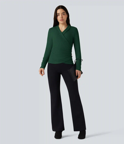 Ribbed Knit V-neck Crossover Long Sleeve Work Top