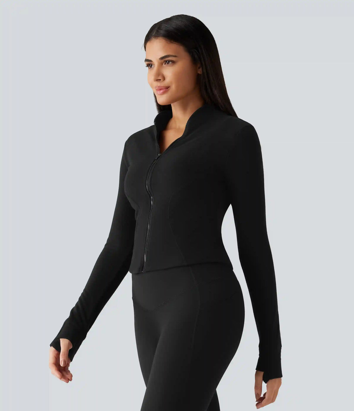 Stand Collar Long Sleeve Thumb Hole Yoga Jacket with Pockets