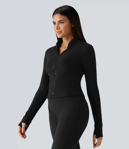 Stand Collar Long Sleeve Thumb Hole Yoga Jacket with Pockets