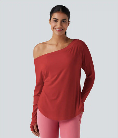 One Shoulder Long Sleeve Thumb Hole Curved Hem High Low Quick Dry Yoga Sports Top-Built-in Bra