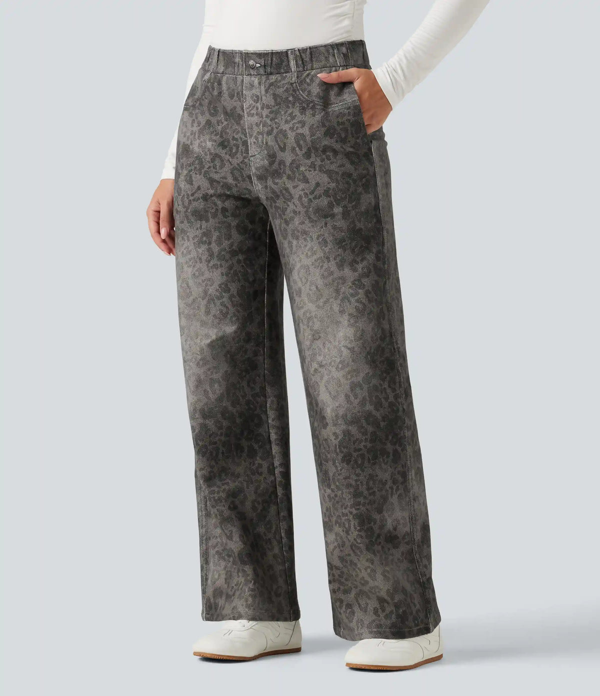 Mid Rise Wide Leg Leopard Denim Print French Terry Casual Sweatpants Jeans with Pockets