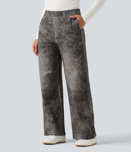 Mid Rise Wide Leg Leopard Denim Print French Terry Casual Sweatpants Jeans with Pockets