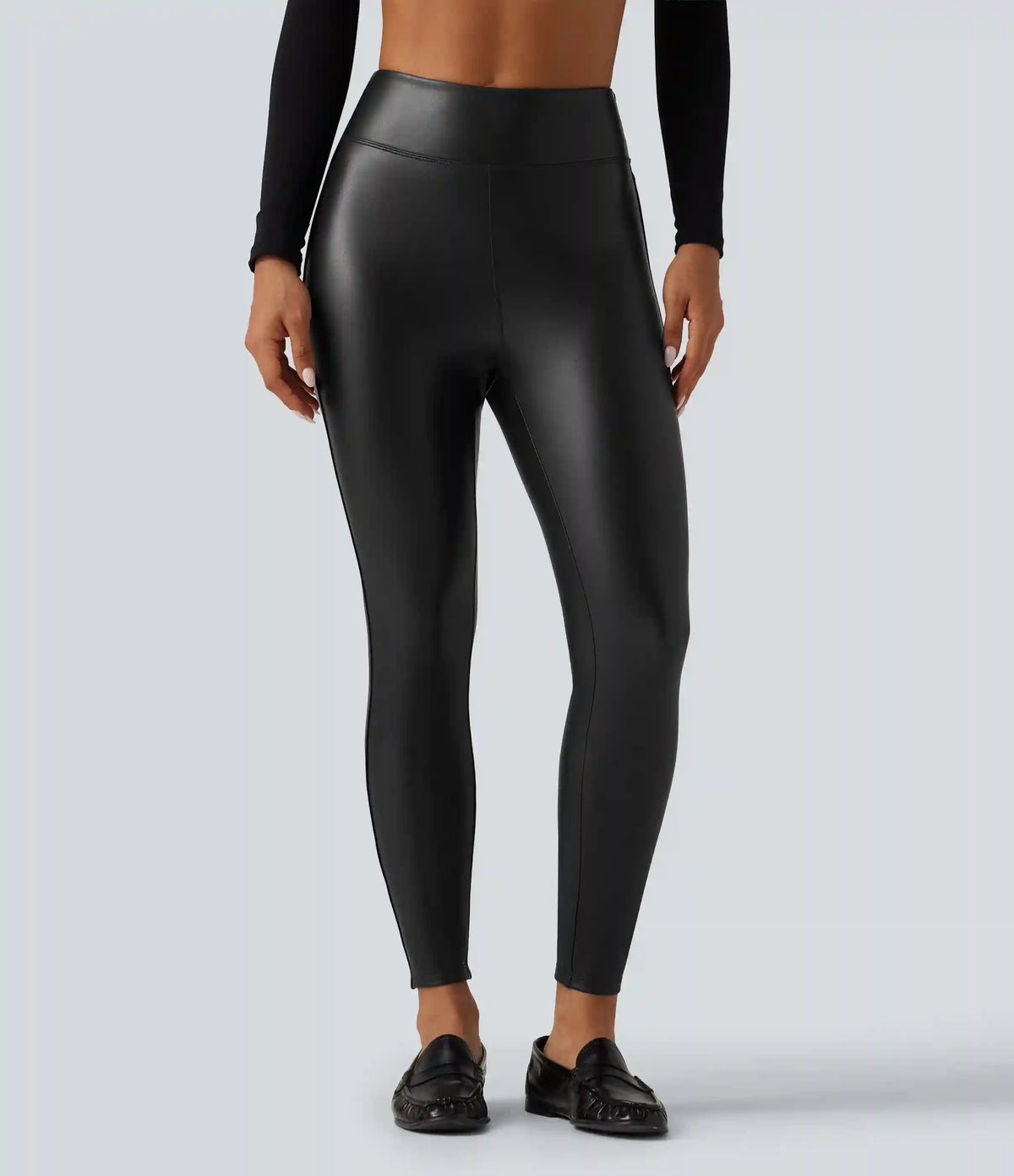 High Waisted Stretchy PU Fleece Skinny Casual Leggings with Pockets