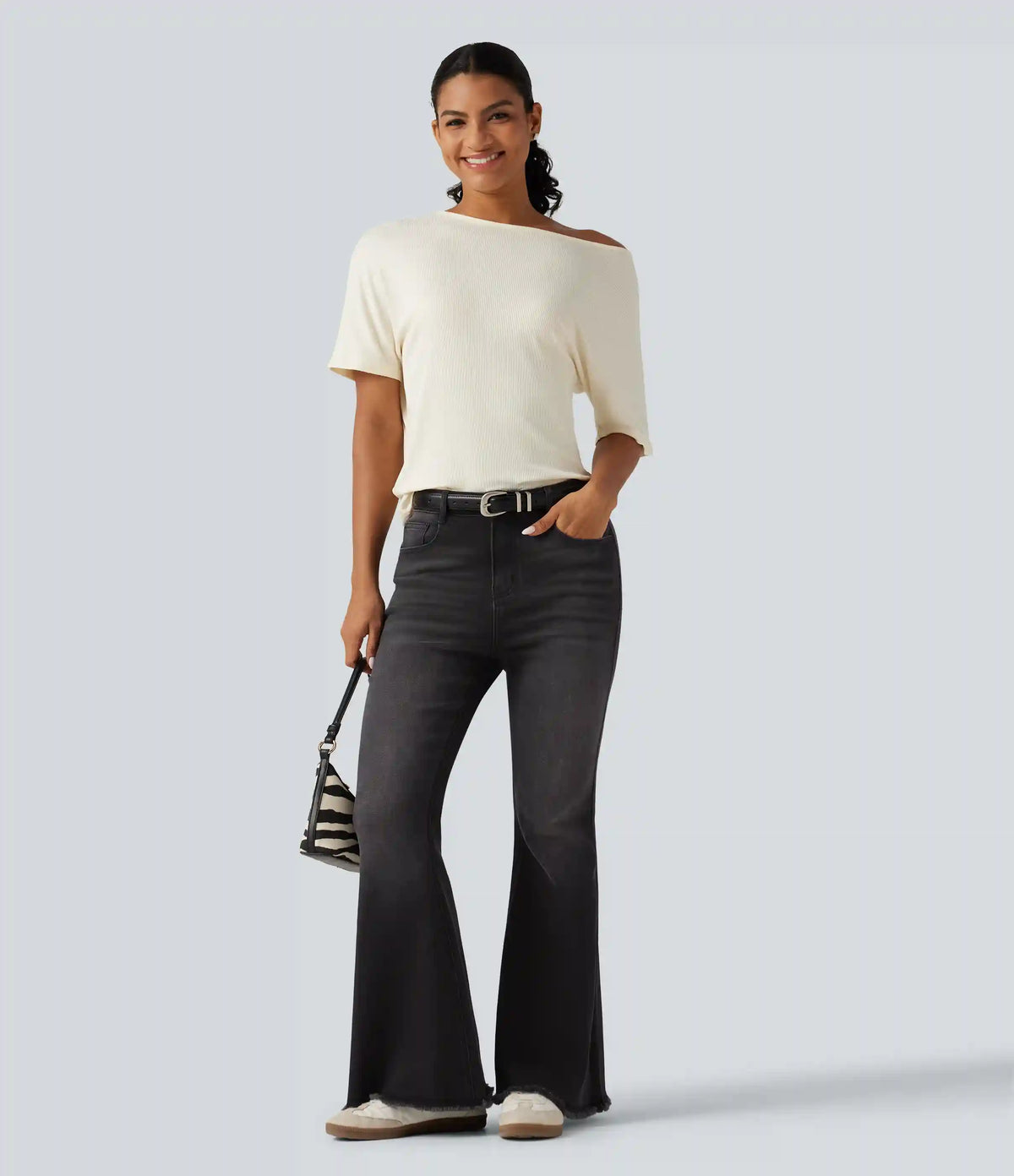 High Waisted Bootcut Raw Hem Casual Jeans with Pockets