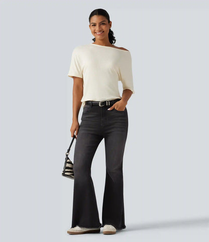 High Waisted Bootcut Raw Hem Casual Jeans with Pockets