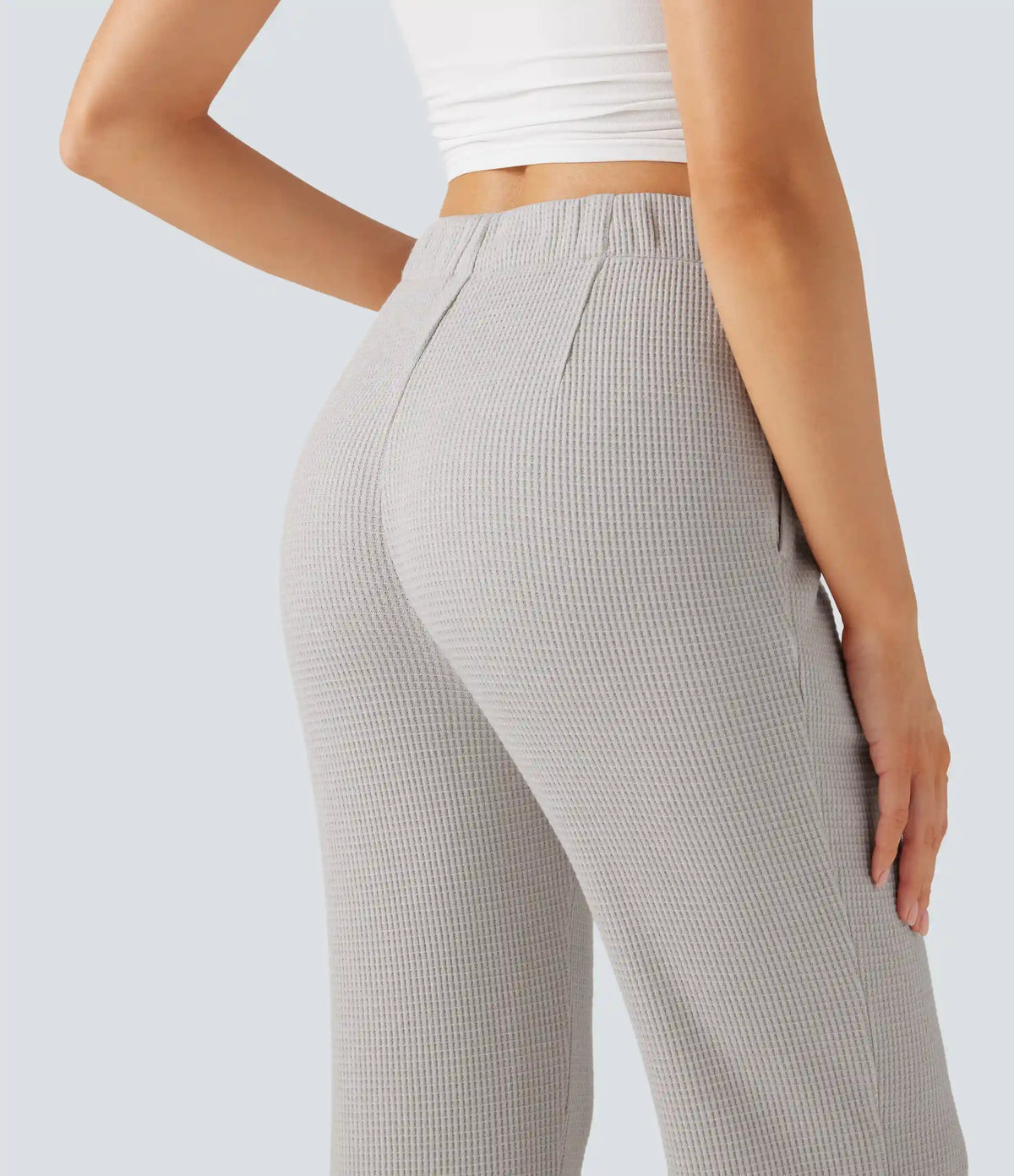 High Waisted Flare Waffle Casual Pants with Pockets