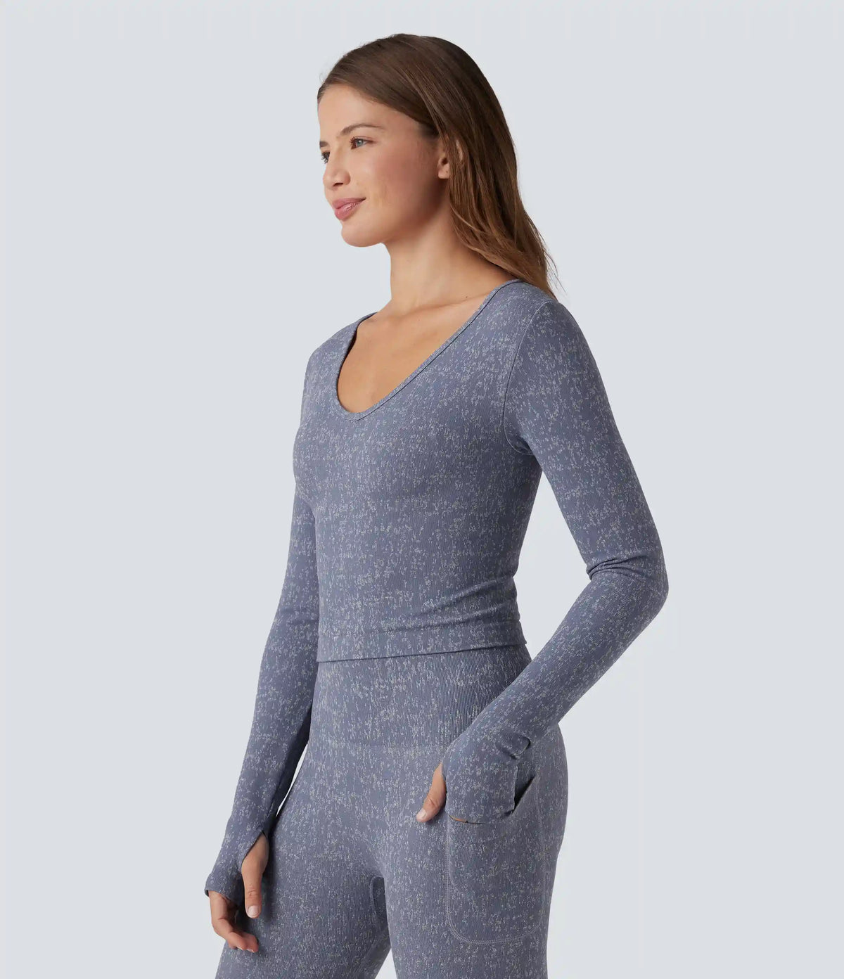 OneForm Seamless Flow V Neck Long Sleeve Thumb Hole Cropped Yoga Sports Top