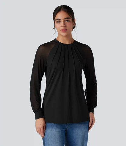 Round Neck Raglan Long Sleeve Contrast Mesh Casual Blouse