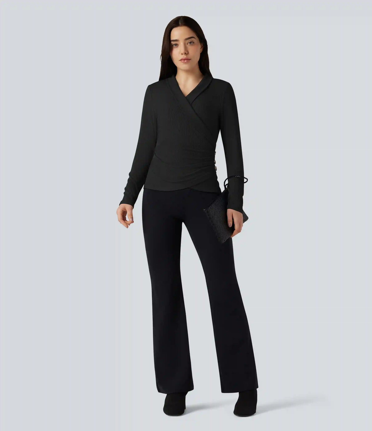 Ribbed Knit V-neck Crossover Long Sleeve Work Top