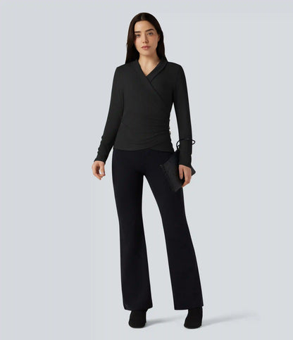 Ribbed Knit V-neck Crossover Long Sleeve Work Top