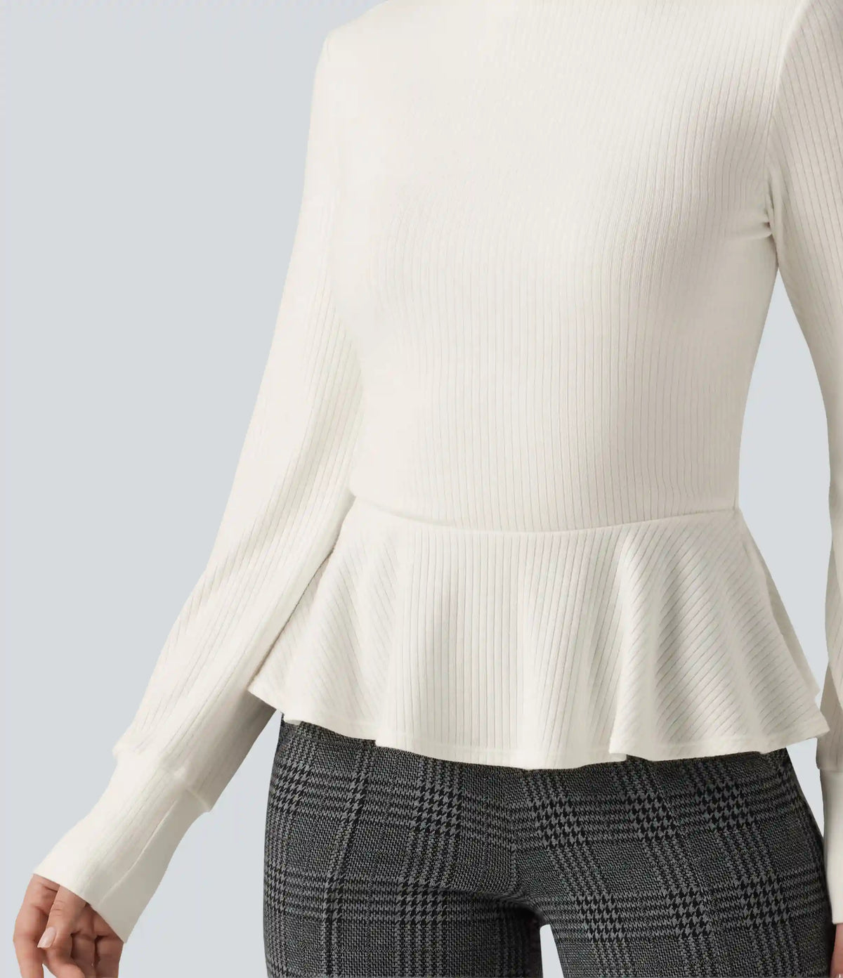 Ribbed Knit Mock Neck Long Sleeve Slim Ruffle Hem Casual Top