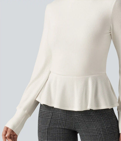 Ribbed Knit Mock Neck Long Sleeve Slim Ruffle Hem Casual Top