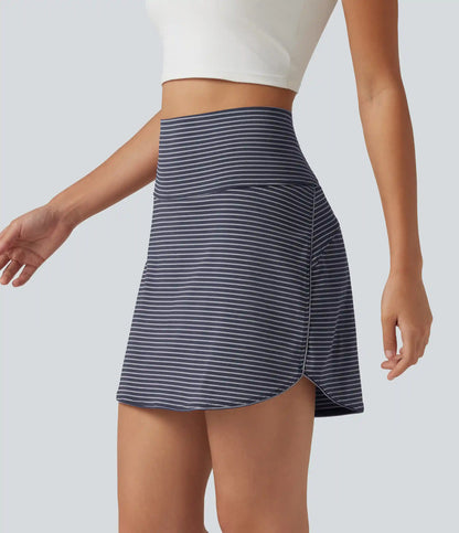 Ultra High-Waist Tummy Control Curved Hem 2-in-1 Stripes Golf Mini Skirt with Pockets
