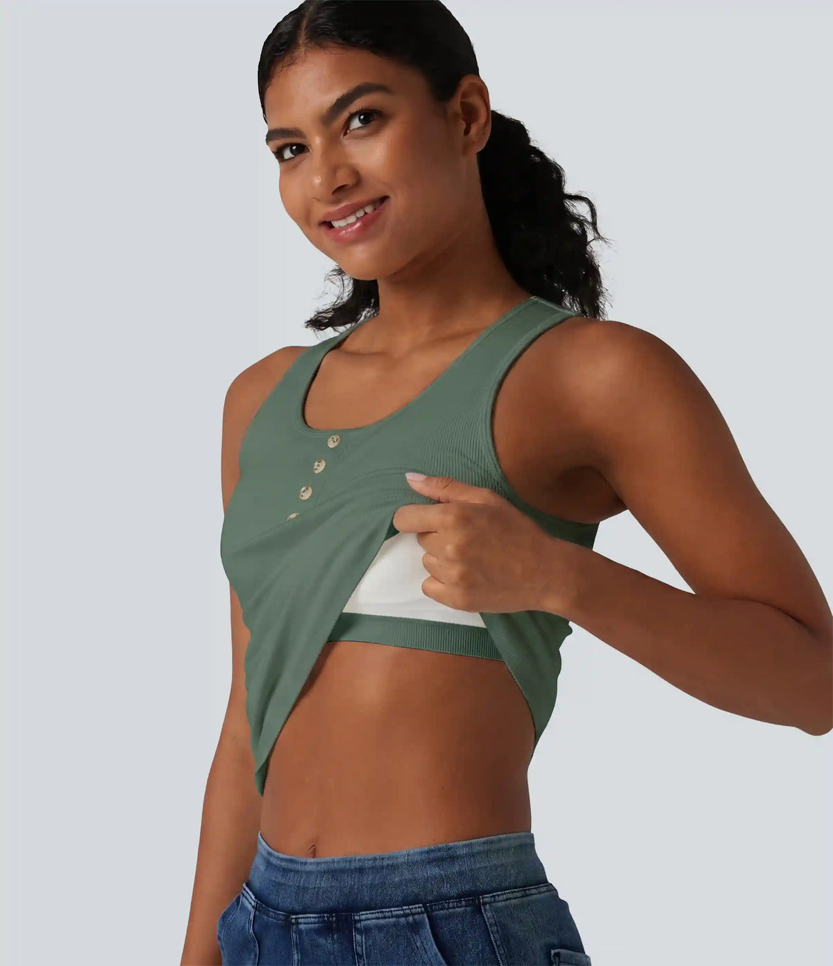 Ribbed Knit Round Neck Built-in Bra Casual Tank Top