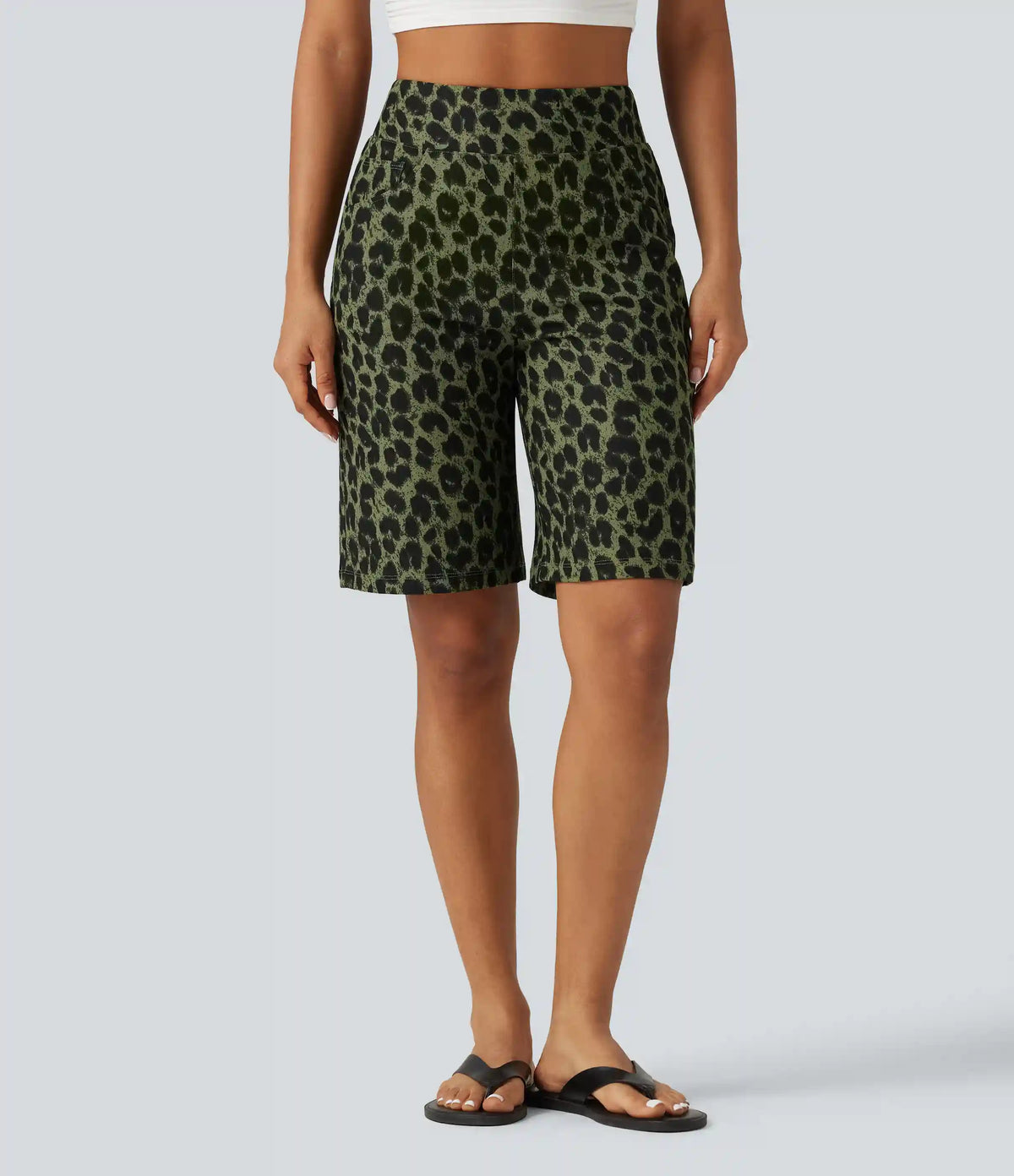 High Waisted Leopard Waffle Casual Baggy Bermuda Shorts 10'' with Pockets