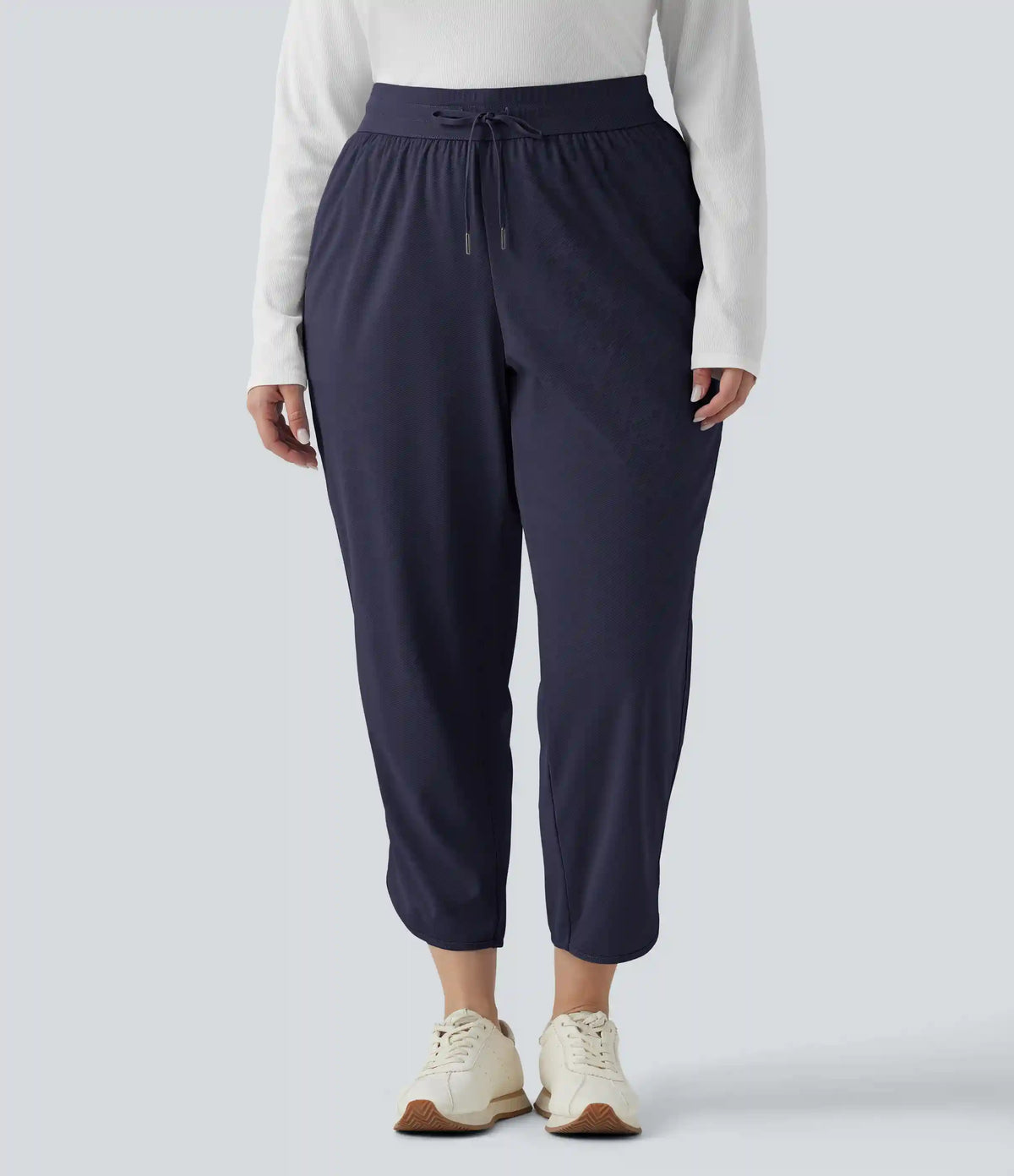 Plus Size Mid Rise Drawstring Curved Hem Quick Dry Golf Tapered Pants with Pockets-UPF40+