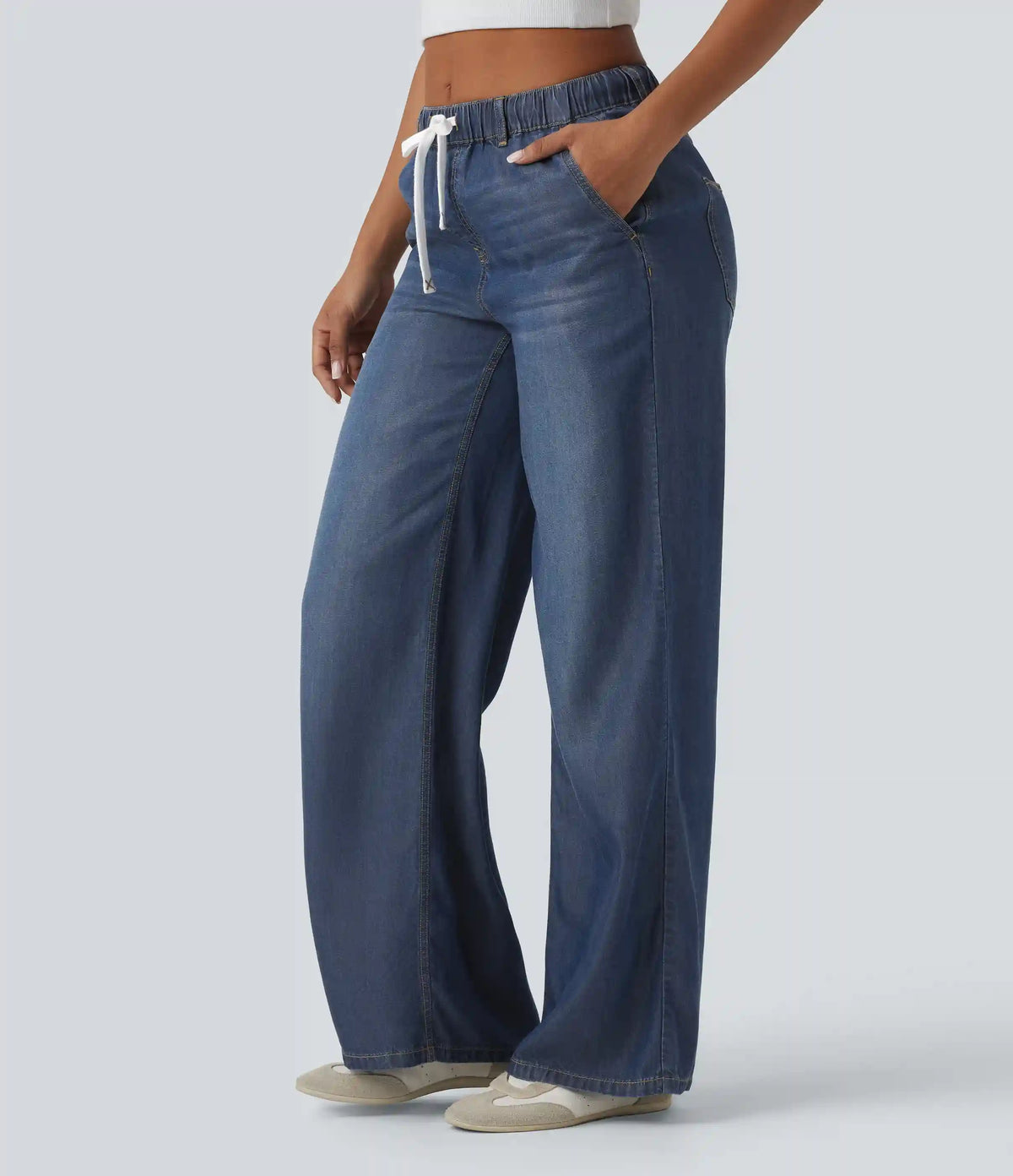 Mid Rise Drawstring Casual Jeans with Pockets