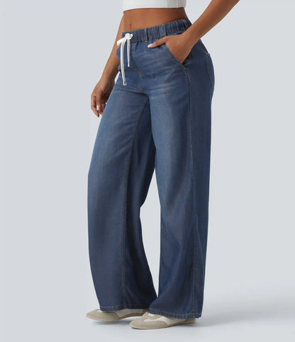 Mid Rise Drawstring Casual Jeans with Pockets