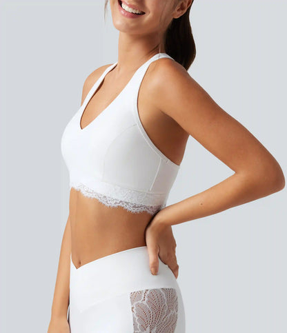 Halara UltraSculpt™ Low Support V Neck Built-in Bra Racerback Contrast Lace Workout Sports Bra