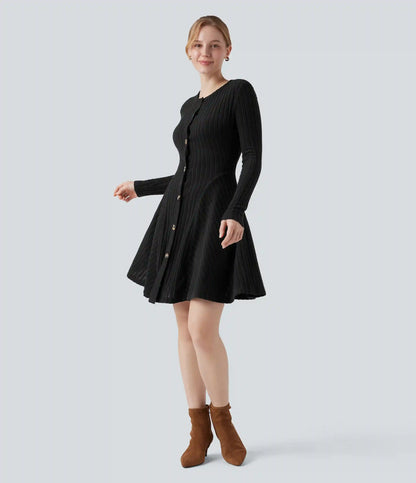 Ribbed Knit Round Neck Long Sleeve Flare Mini Casual Dress