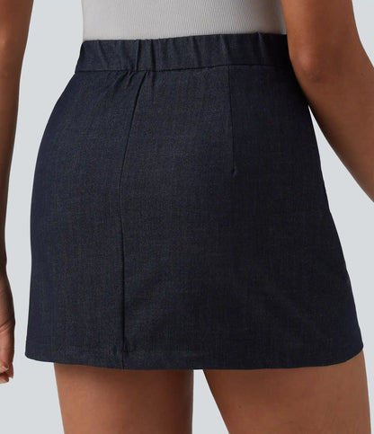 High Waisted Invisible Zipper 2-in-1 Denim Like Bodycon Mini Casual Skirt with Pockets