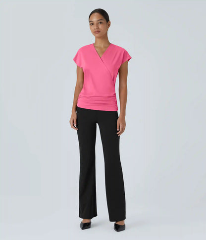 V Neck Cap Sleeve Crossover Ruched Solid Work Blouse
