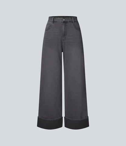 Halara Flex™ High Waisted Pockets Rolled Hem Wide Leg Washed Casual Jeans