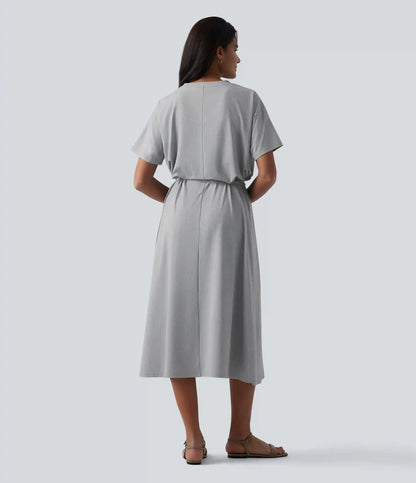 Round Neck Short Sleeve Belted Midi Flowy Casual T-Shirt Dress with Pockets