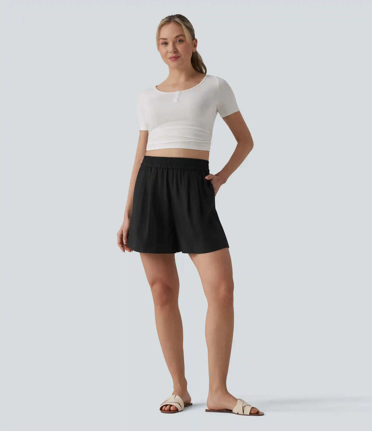 High Waisted Casual Linen-Feel Shorts with Pockets