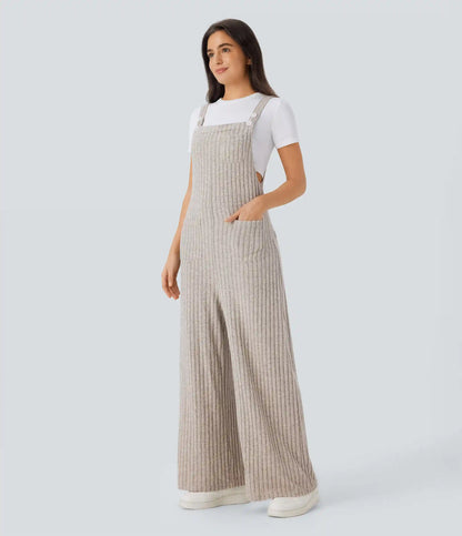 Ribbed Knit Pockets Casual Overalls