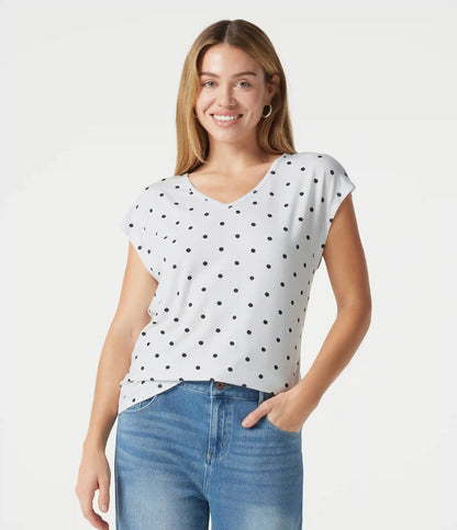 V Neck Short Sleeve Polka Dot Casual T-Shirt
