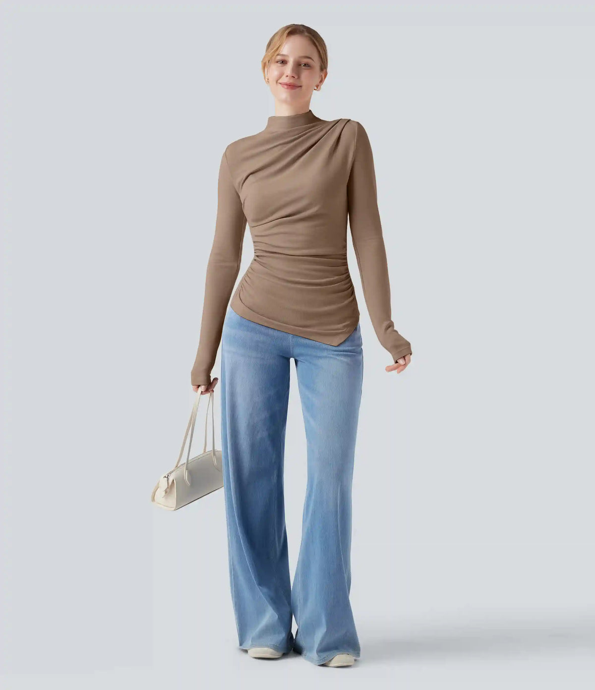 Mock-neck Long Sleeve Ruched Asymmetric Hem Thermal Casual Top