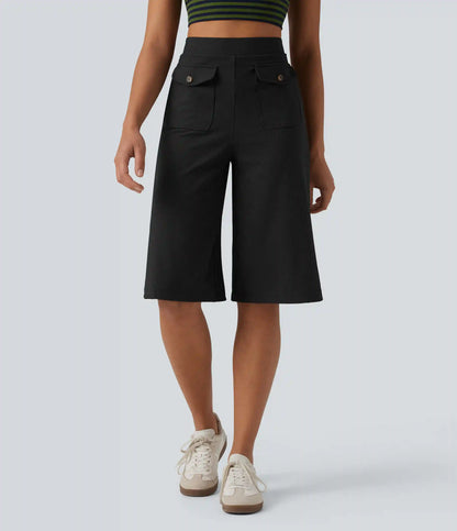 Ribbed Knit High Waisted Pedal Pushers Quick Dry Casual Wide Leg Pants with Flap Pockets-UPF50+