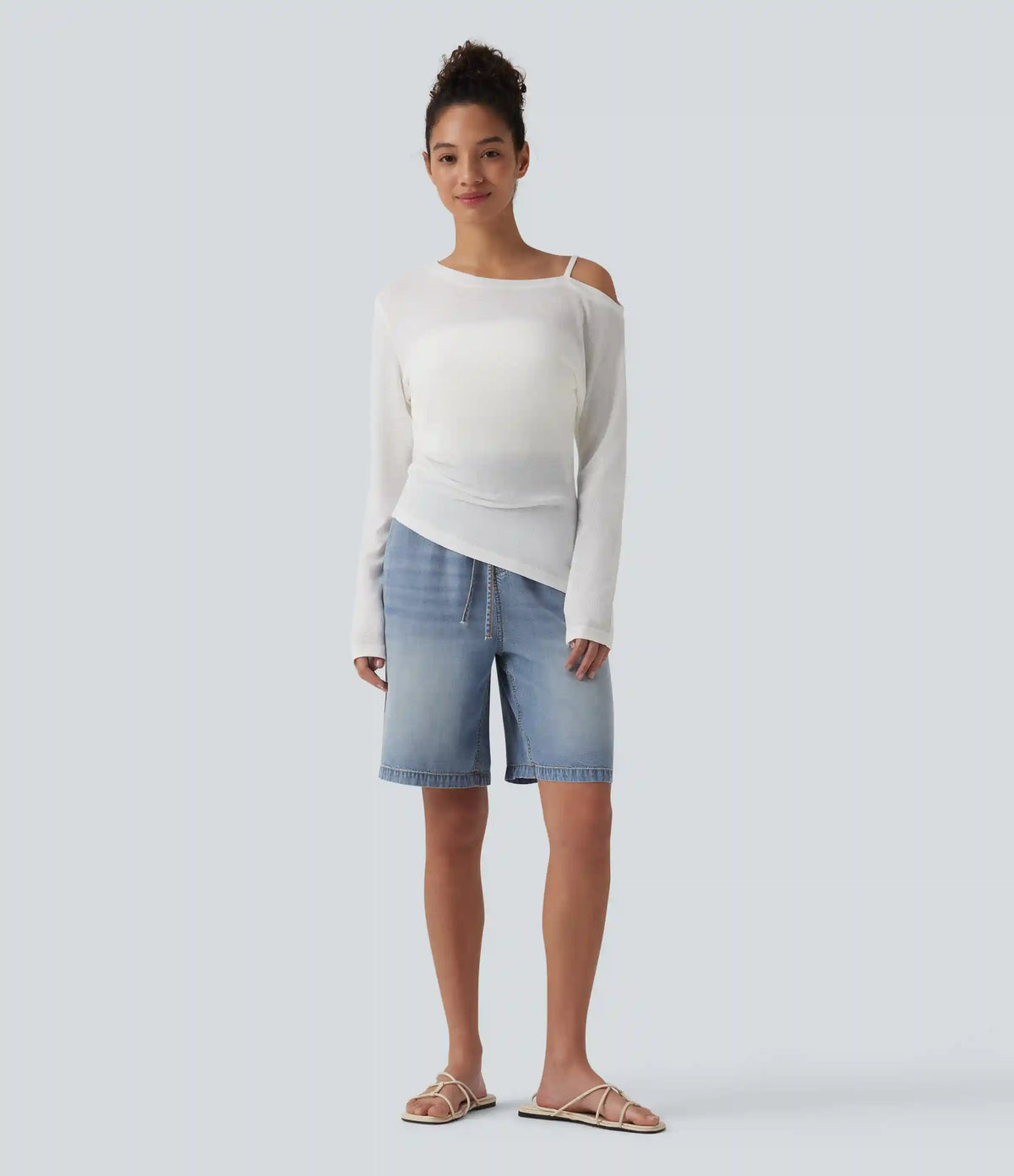 High Waisted Drawstring Denim Casual Bermuda Shorts 9'' with Pockets
