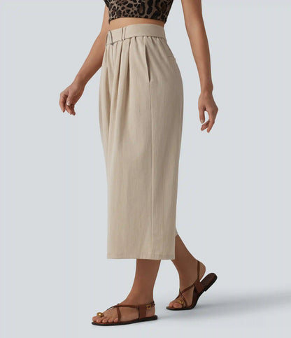 High Waisted Belted Linen-Feel Casual Cropped Baggy Pants with Pockets
