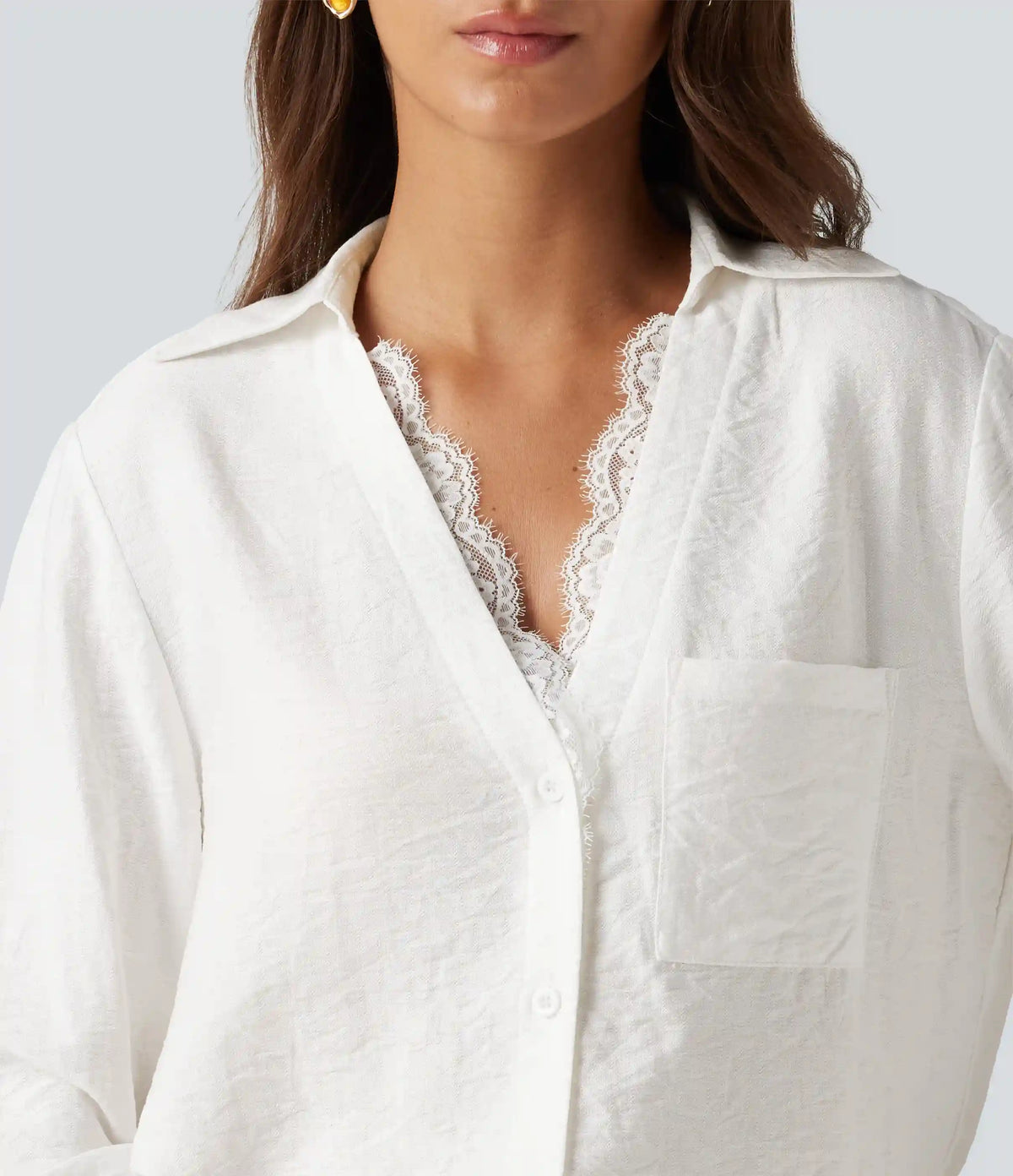 V Neck Contrast Lace Long Sleeve Work Shirt with Pocket