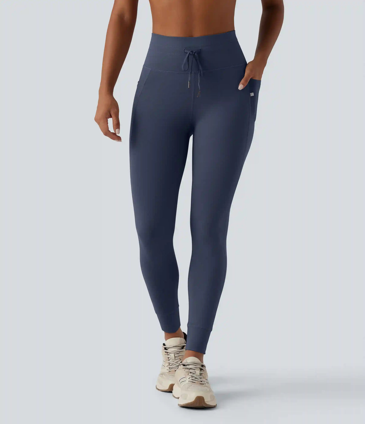 High Waisted Drawstring Plain Yoga 7/8 Leggings with Pockets