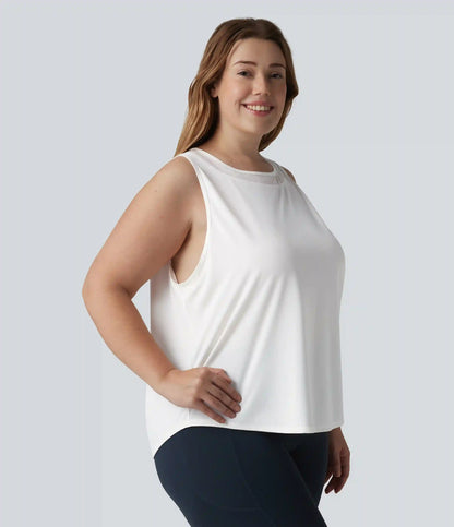 Plus Size Contrast Mesh Curved Hem Running Tank Top