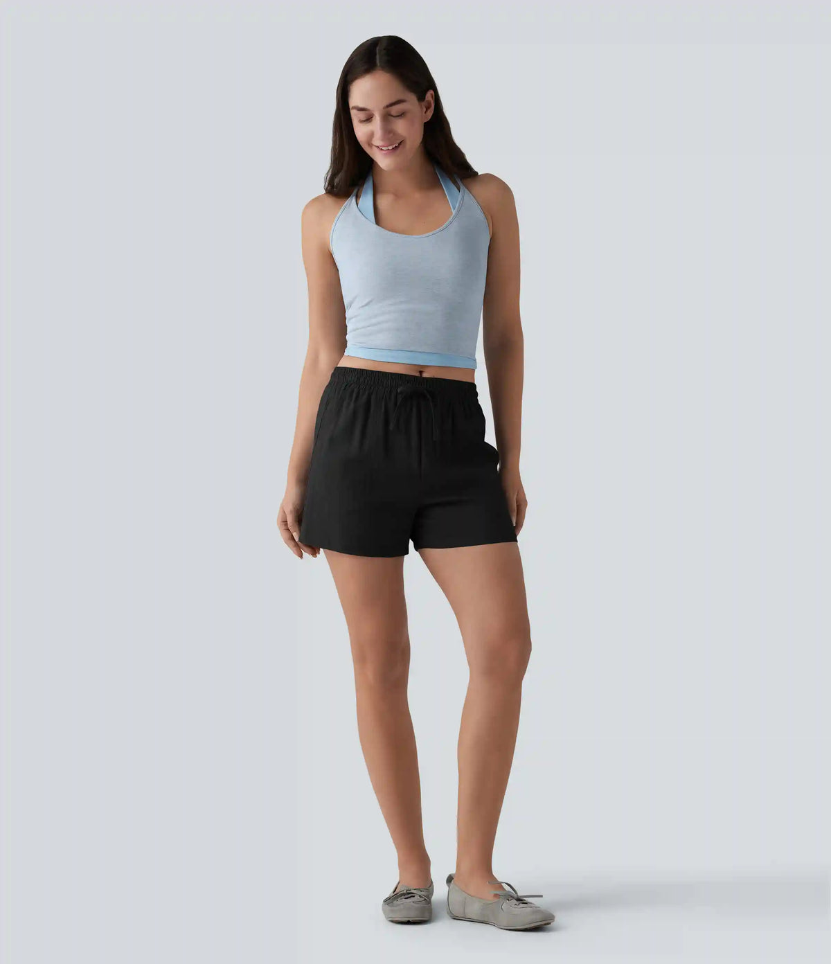 Mid Rise Drawstring Casual Linen Shorts with Pockets